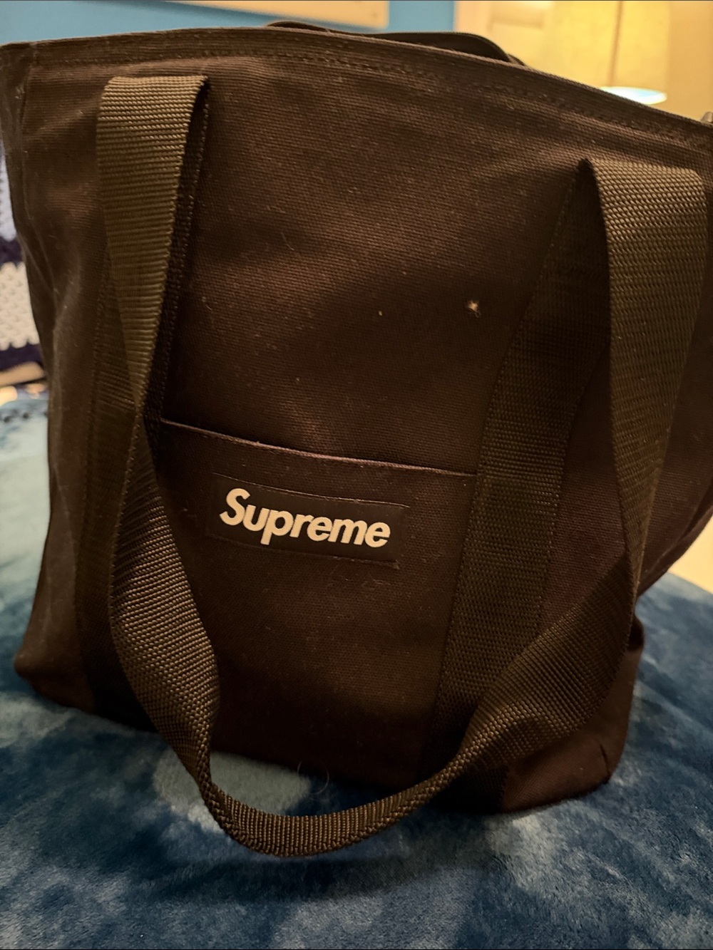 Supreme Black Canvas Tote with White Logo Patch